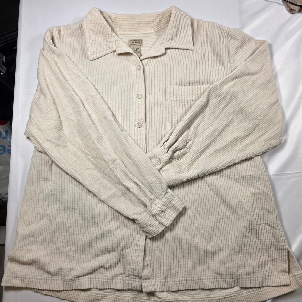 LL Bean Womens XL Cream Cotton Wide Wale Corduroy Button Up Shirt Long Sleeve